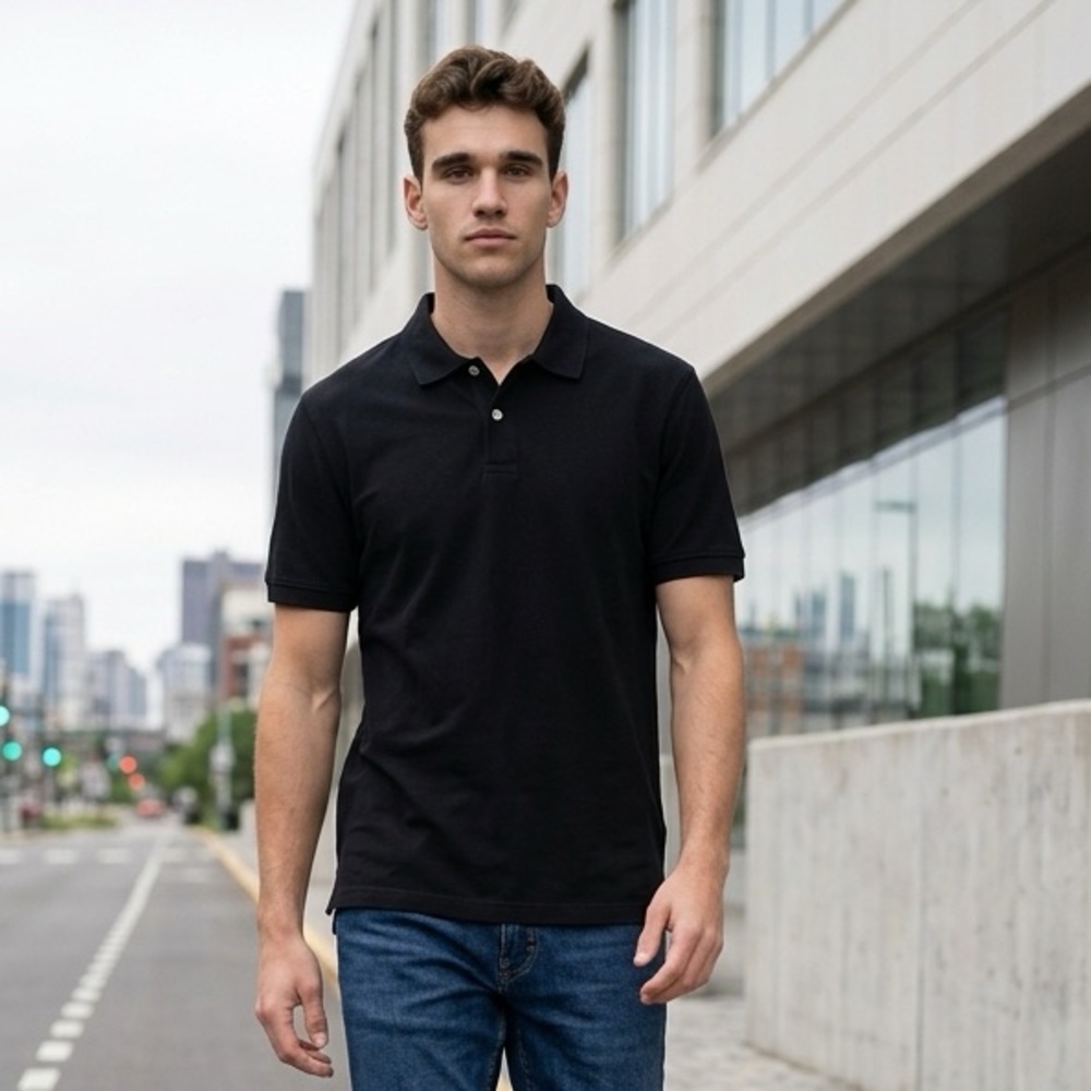 St. Johns Bay Legacy Polo 100% Cotton Men's L Black SS Golf Collared Shirt  EUC